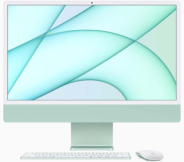The New iMac from the front, showing off the white bezel and lack of Apple Logo. With colour matched keyboard and mouse.