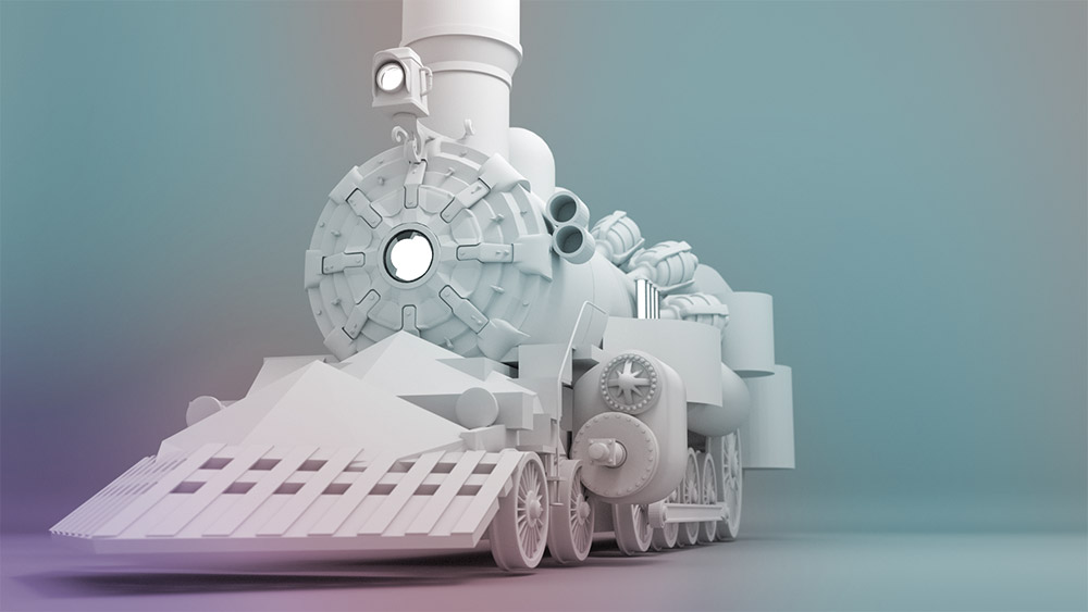 3D Steampunk style train basic blocking no texture or materials
