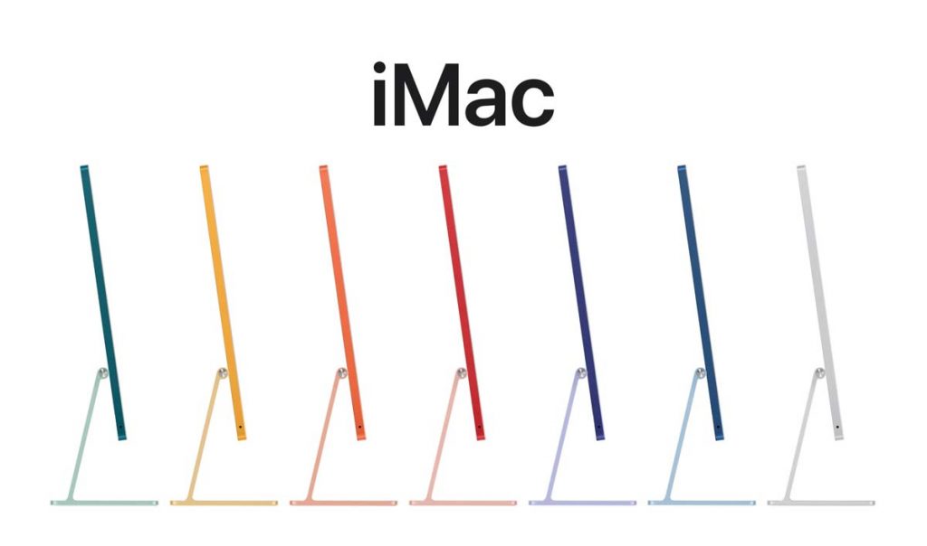 The new 24" M1 iMac 2021 lineup from the side. Showing off the 7 colour options.